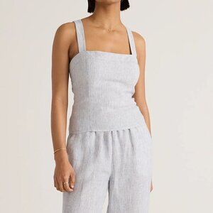 Quince 100% European Linen Fitted Tank - Size S - Blue Pinstripe